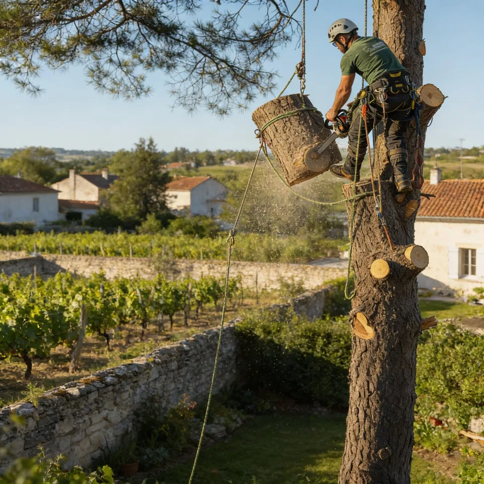Démontage cordiste d'un arbre par grimpeur professionnel