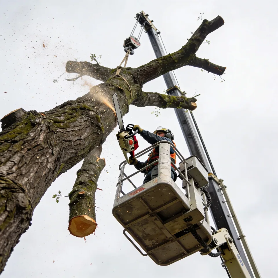 Intervention à la nacelle sur arbre en bord de route